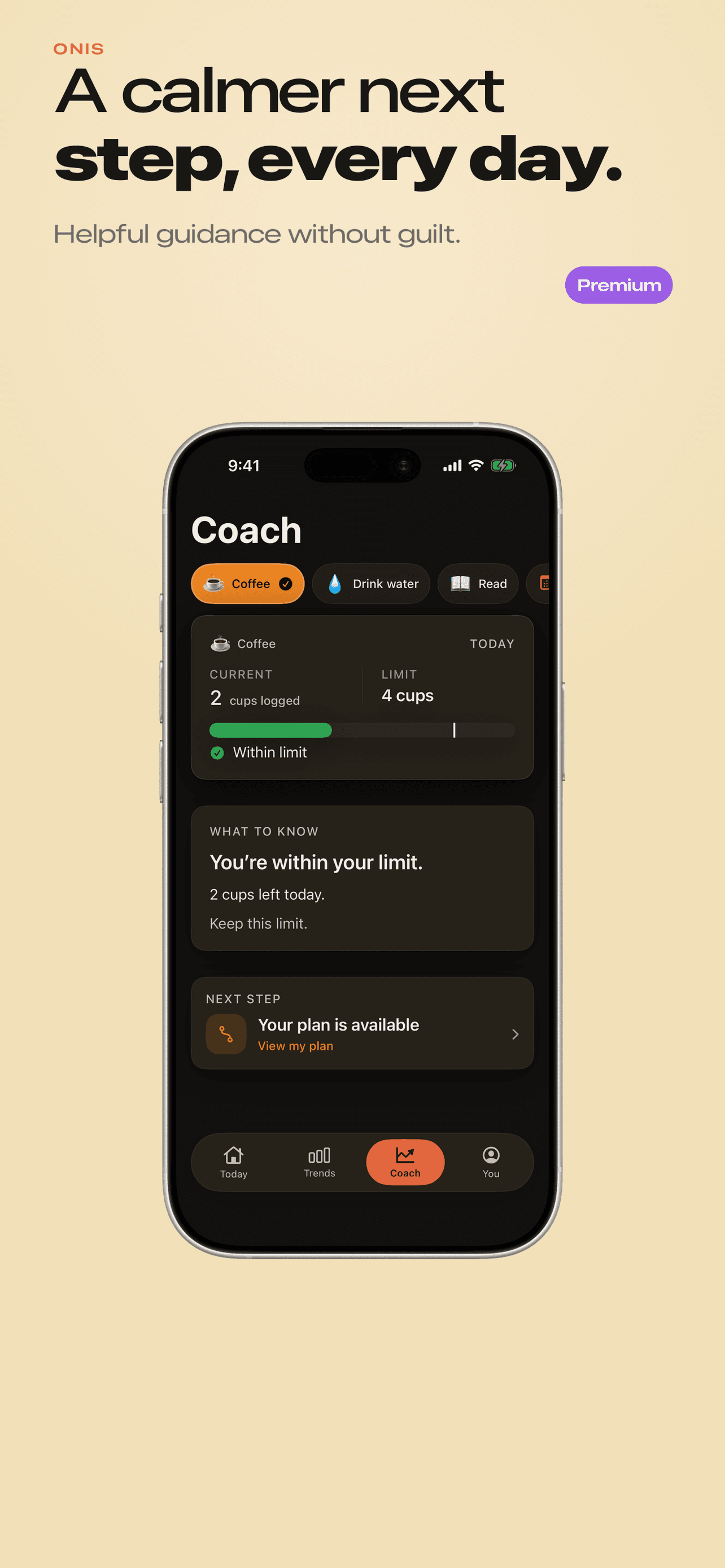 The ONIS Coach screen for Coffee: within a 4-cup limit at 2 cups, a short what-to-know summary, and one clear next step.