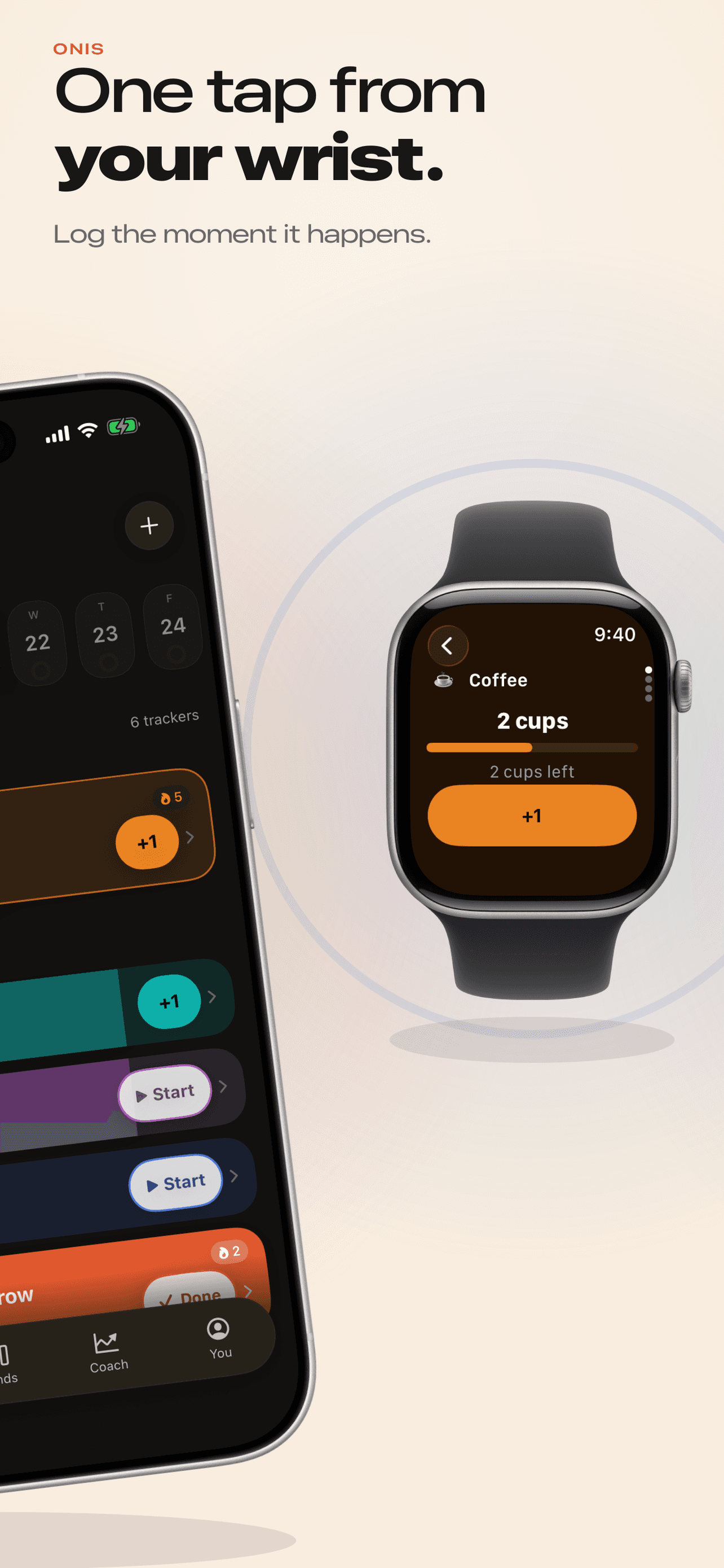 An Apple Watch logging Coffee with a +1 button — 2 cups logged, 2 cups left — beside the same iPhone Today screen.
